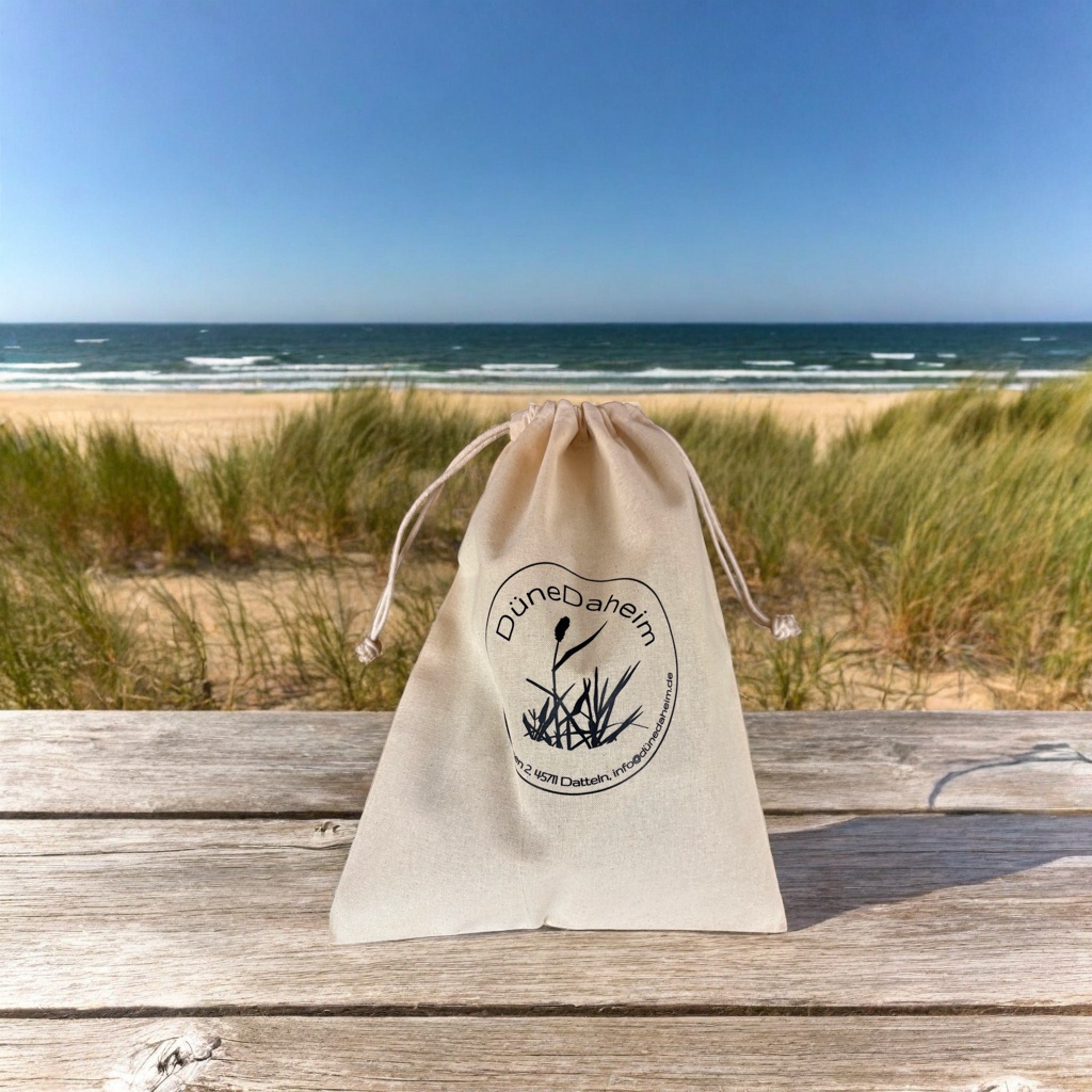 Natürlicher Baumwollbeutel mit DüneDaheim Logo für Basis-Paket Urnenversand
