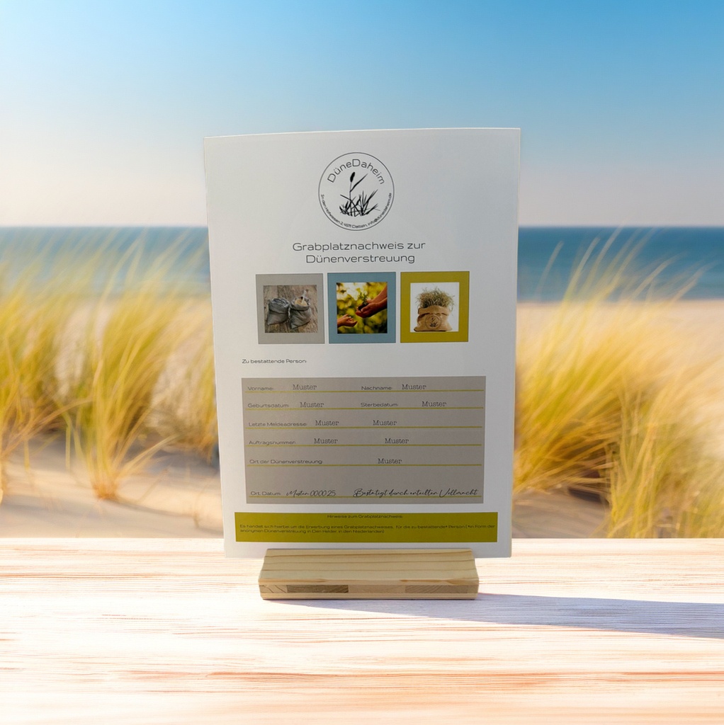 Offizieller Grabplatznachweis für Dünenverstreuung in Zandvoort - rechtlich anerkannt